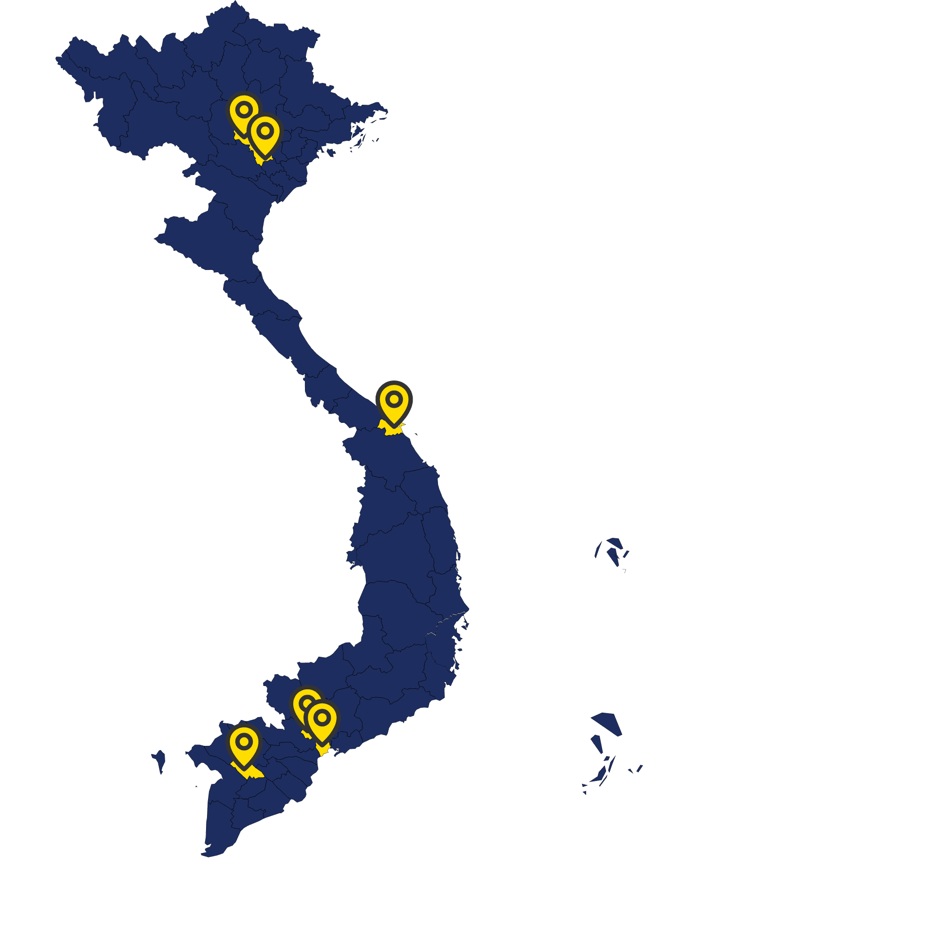 Bản đồ Việt Nam hiển thị các showroom và đại lý của VETC